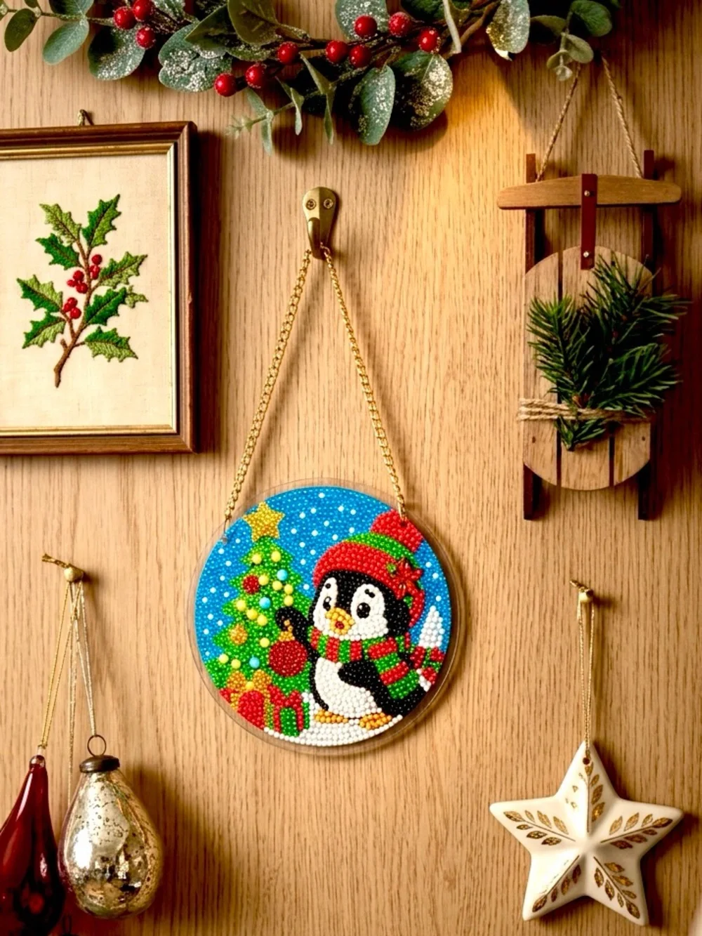 Festive Glittering Penguin Glass Wall or Window Hanging